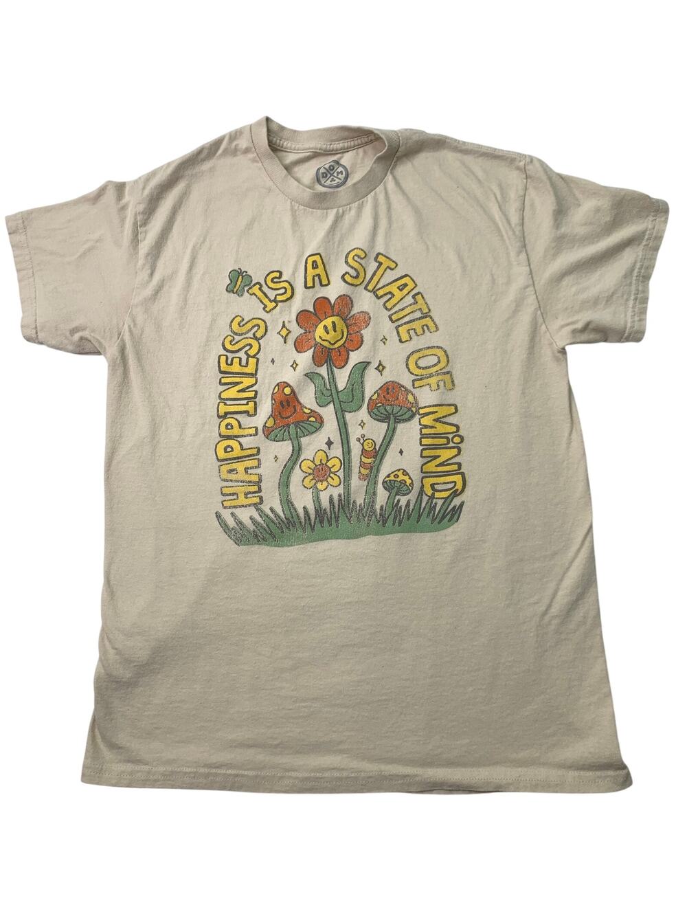 DOM Adult Medium Tee Shirt Happiness Is A State Of Mind Mushroom Smiley Hippy